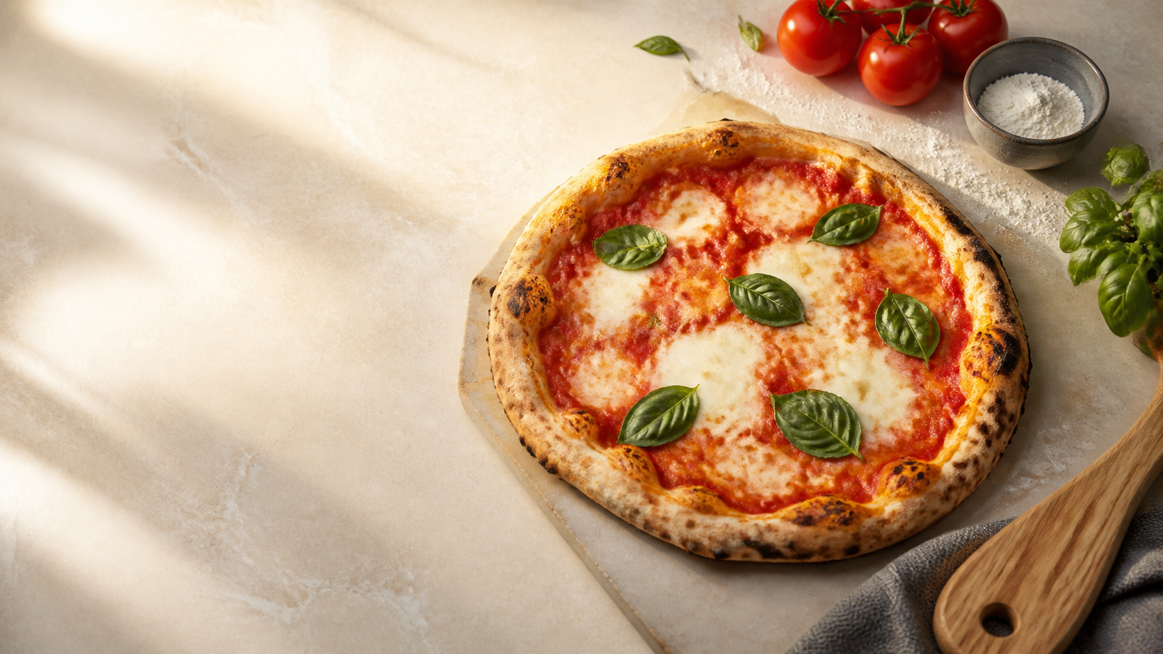 Fresh artisan margherita pizza with basil and tomatoes
