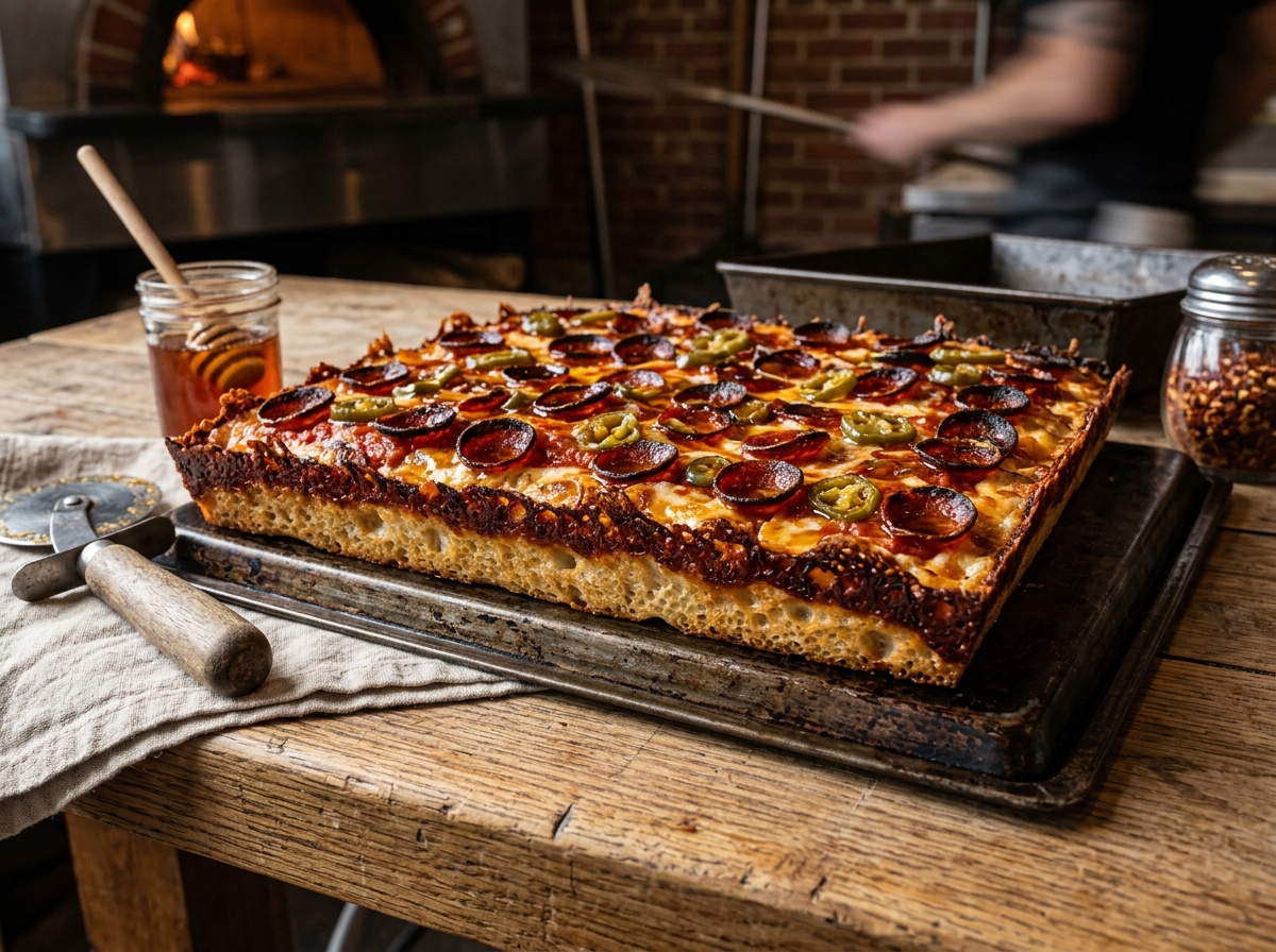 Detroit-Style Crispy Pepperoni & Pickled Jalapeño Pizza