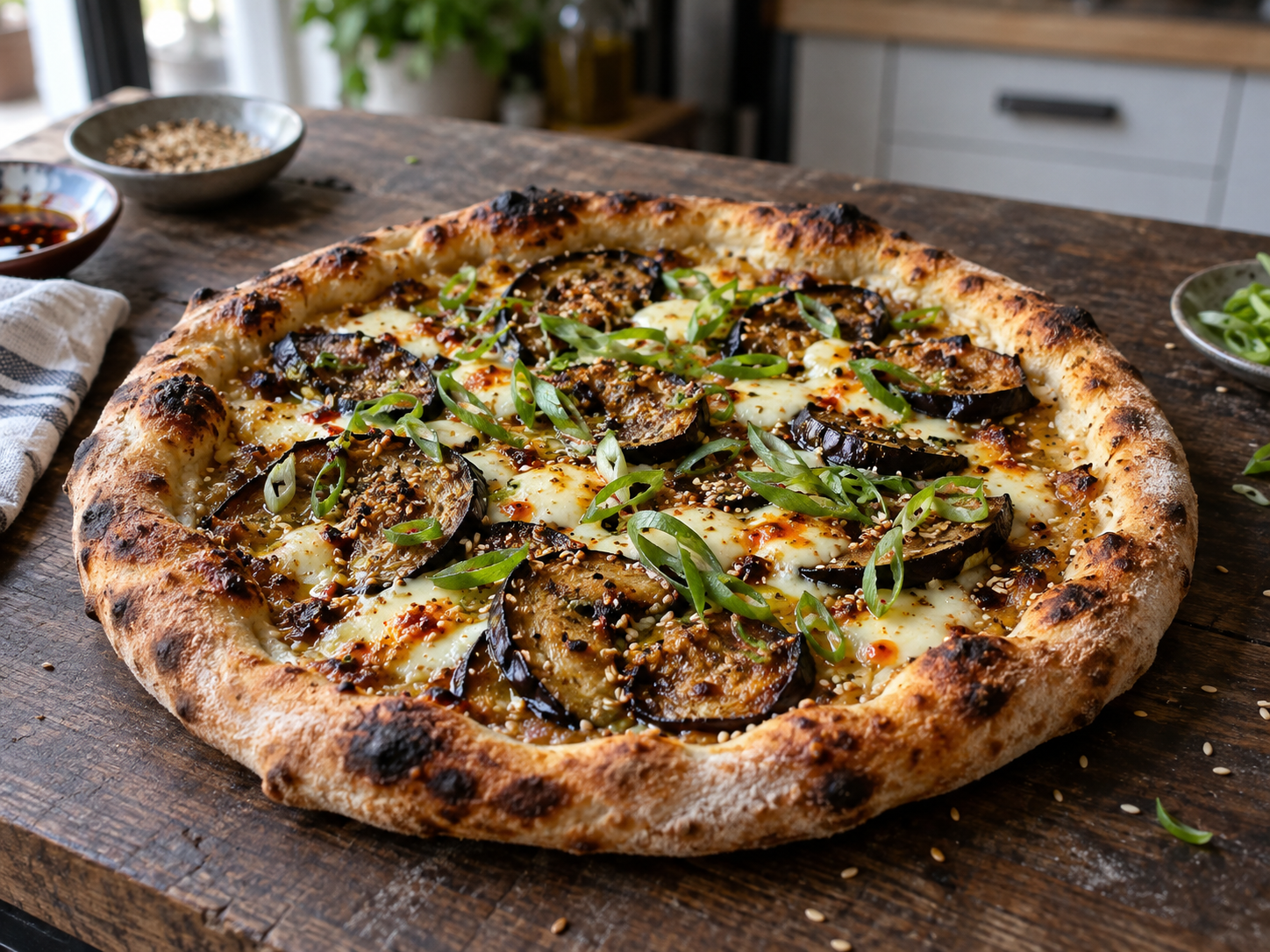 Miso Aubergine, Sesame & Spring Onion Pizza