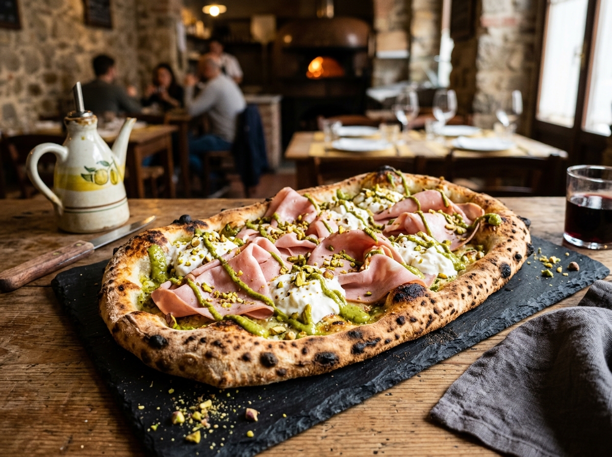 Mortadella, Pistachio Pesto & Creamy Stracciatella Pizza Bianca