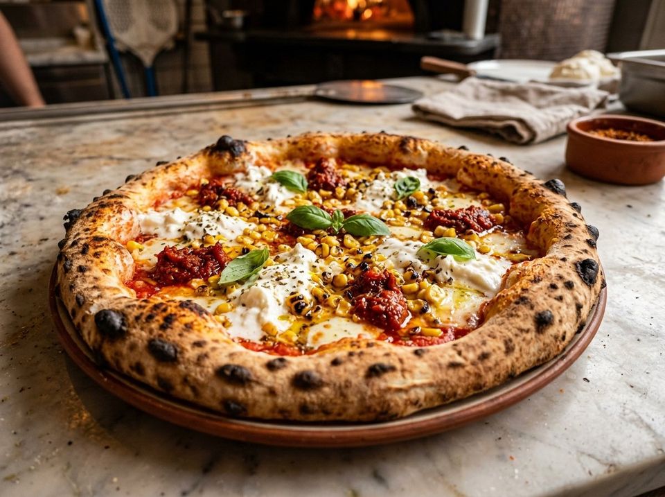 Spicy ‘Nduja, Charred Sweet Corn & Stracciatella Pizza
