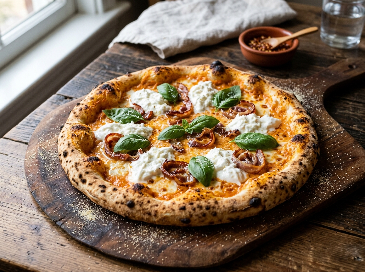 Spicy Vodka Sauce, Crispy Pancetta & Stracciatella Pizza