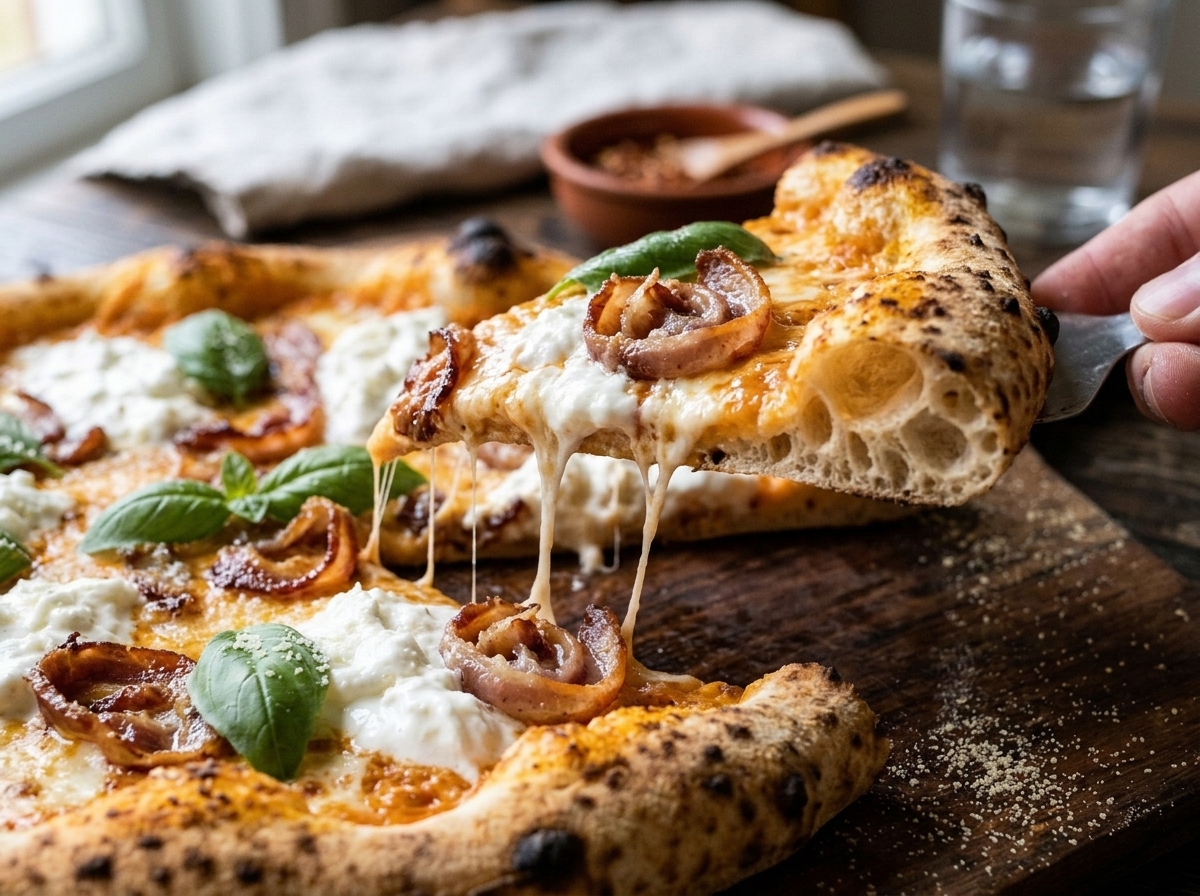 Airy honeycomb crust crumb and cheese pull of Spicy Vodka Sauce Pizza